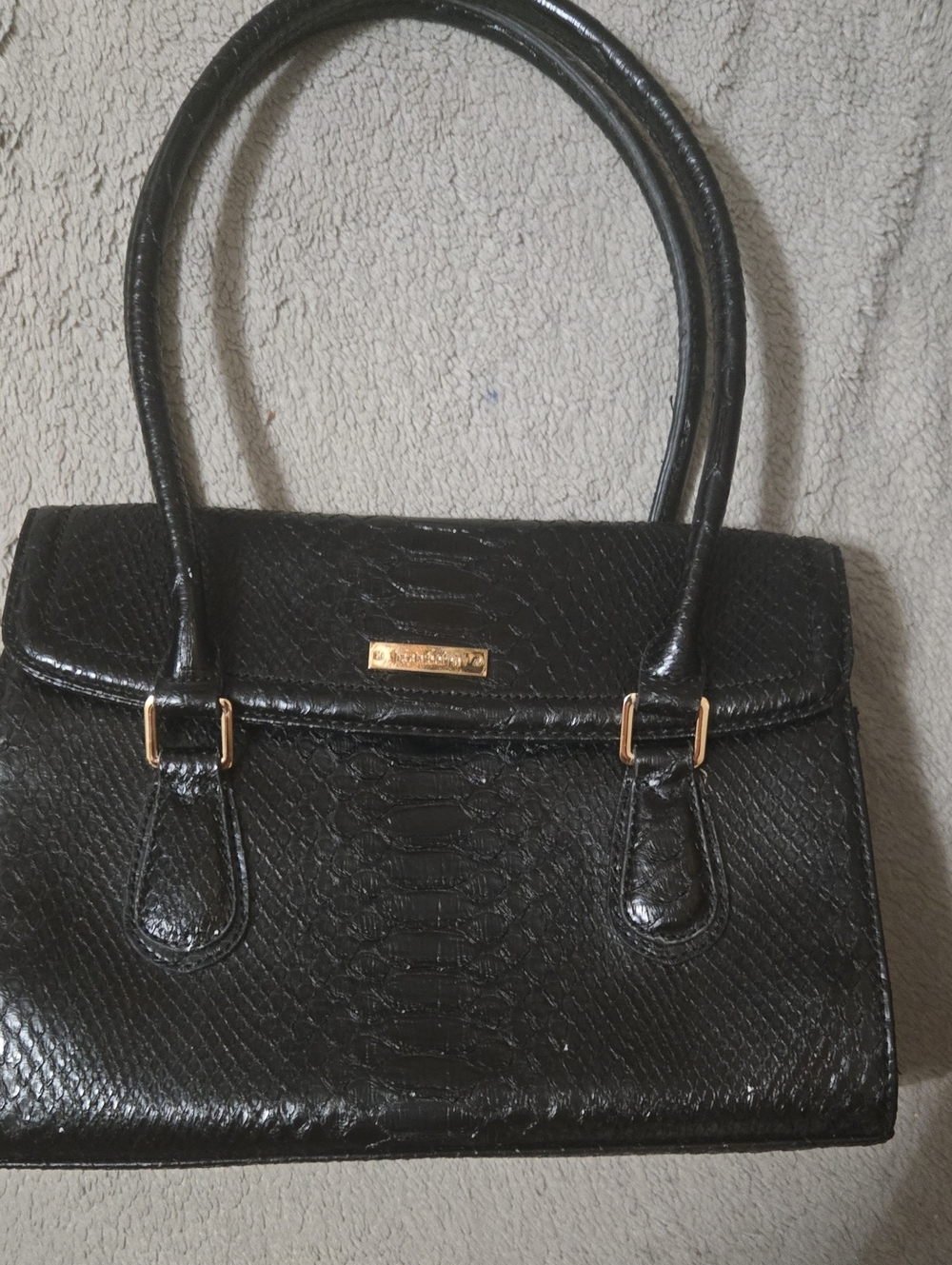 Structured Vinty wibe Black Croc Embossed Textured Satchel with Gold Accents